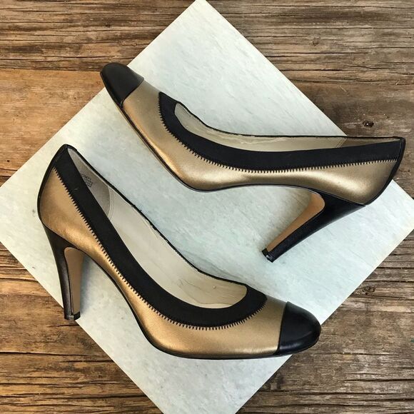 Ann Klein POMPI Leather Black/Gold Heel 9.5 M - Picture 5 of 8